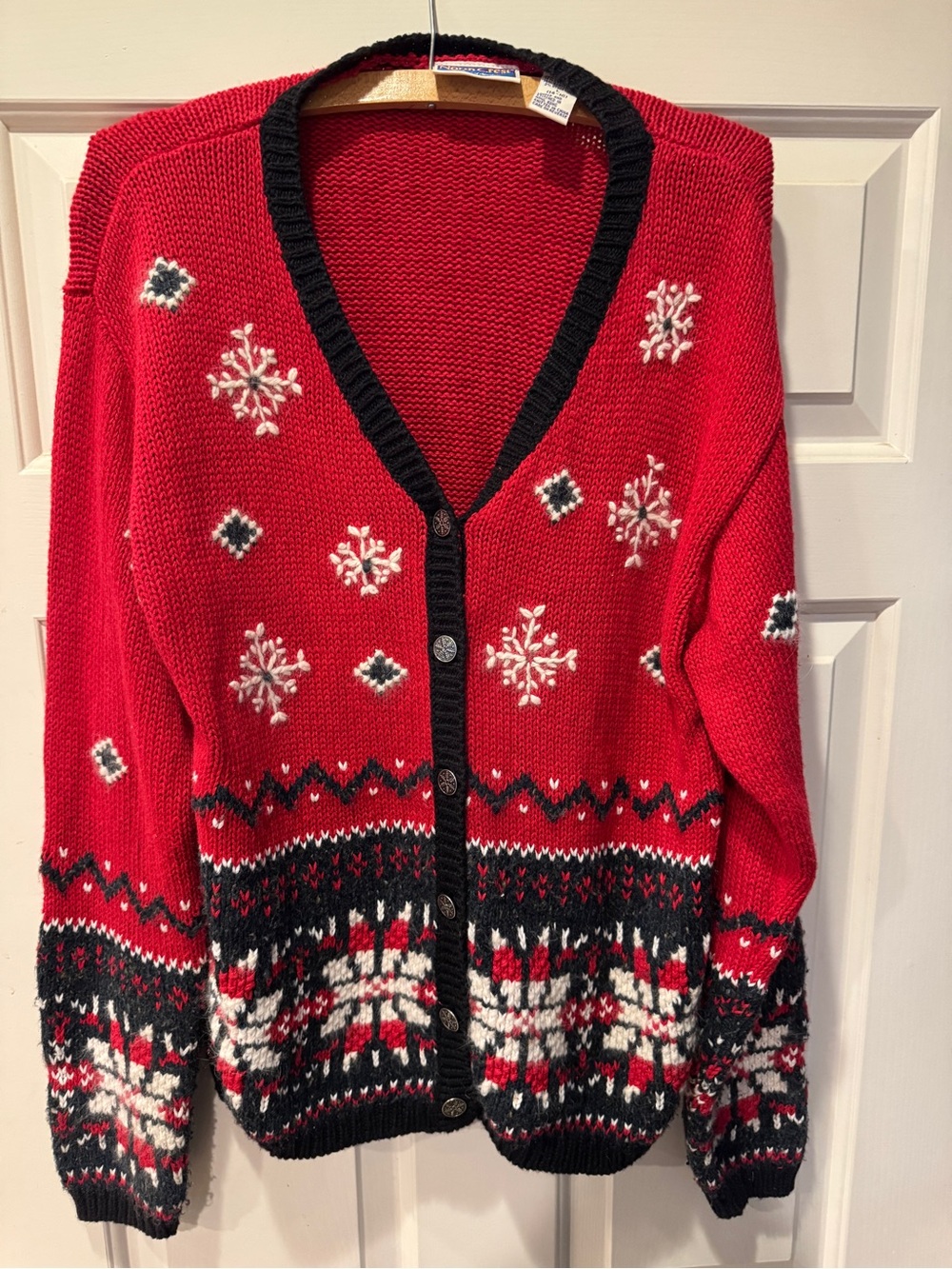 Northcrest Red Snowflake Cardigan with Black Trim and Fair Isle Hem